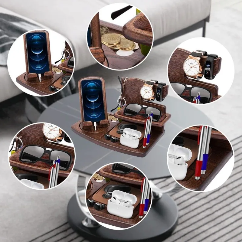 Rotatable Wooden Phone Stand Multi-functional Desktop Storage Organizer Office Mobile Phone Charging Holder Rack