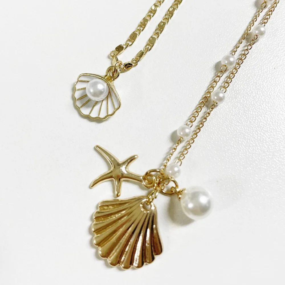 2pcs Set Fashion Boho Gold Color Marine Shell Starfish Pendant Pearl Chain Multi-layer Fold Wear Necklace for Women Jewelry Sets image 2