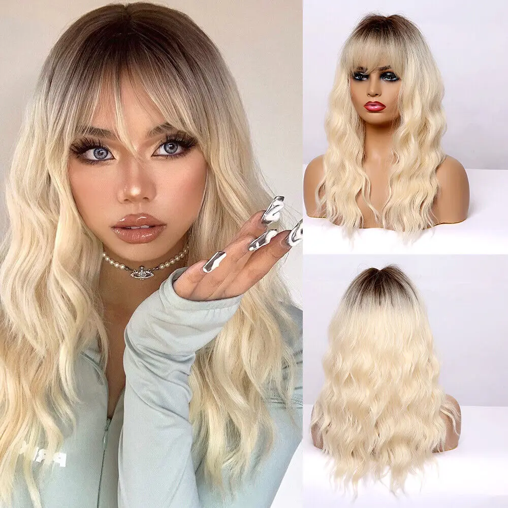 US Light Blonde Hair Wigs Women 21 In Long Loose Wave Ombre Cosplay Daily Use