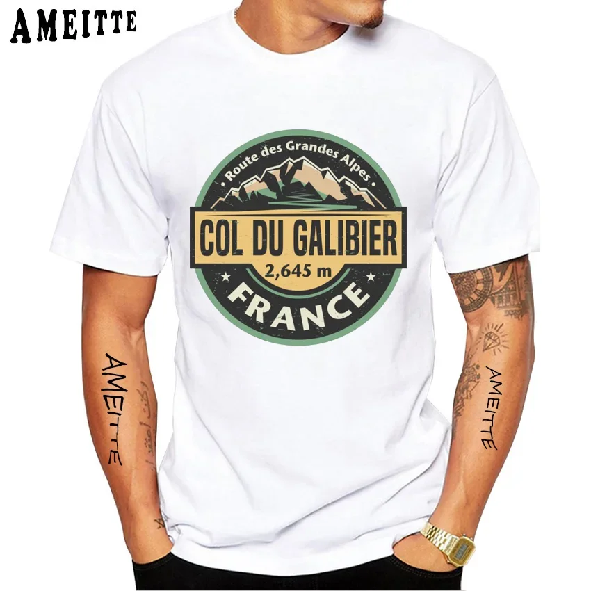 Col du Galibier, Route des Grandes Alpes Fixed Gear Road Bike Fixie T-shirt Men Short Sleeve Cycling Sport White Casual Boy Tees