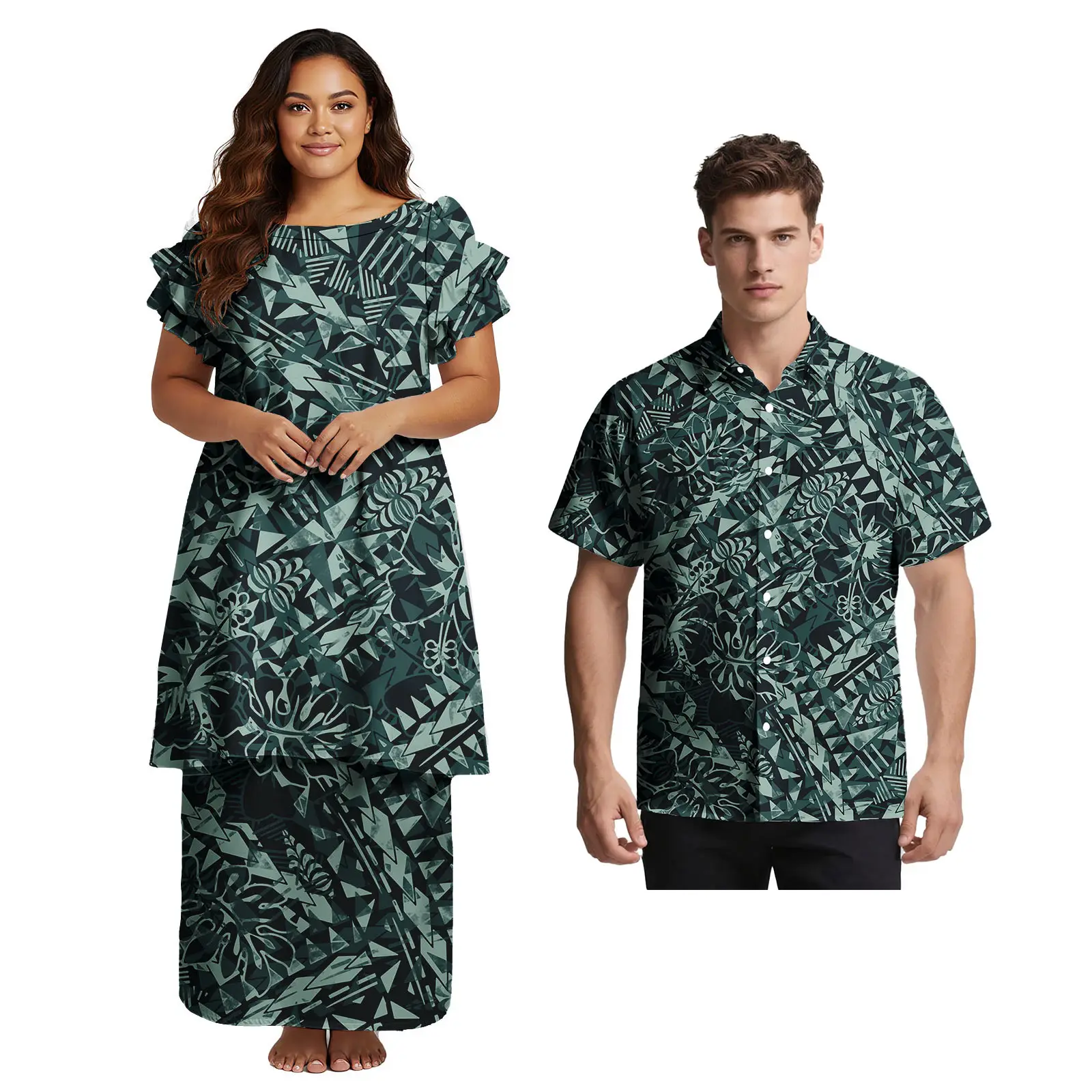 Couple Sets Two Pieces Hawaii Polynesian Tribal Print Plus Size Ladies Church Elegant Dress Match Men Aloha Shirts