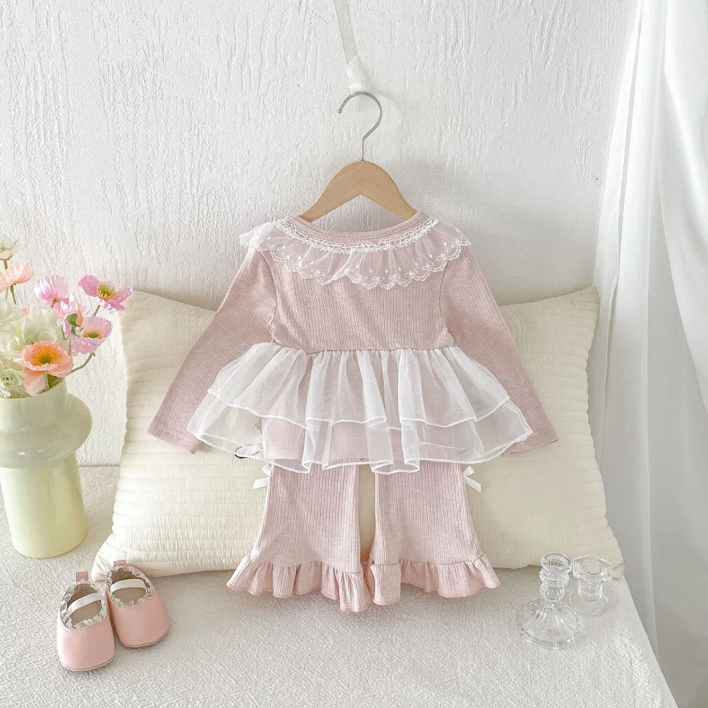 2026 Autumn Korean Style Girls 2Pcs Outfit, Sweet Trendy Viral Pink Long Sleeve Top Pants Two Piece Set for Fashion Baby Girls