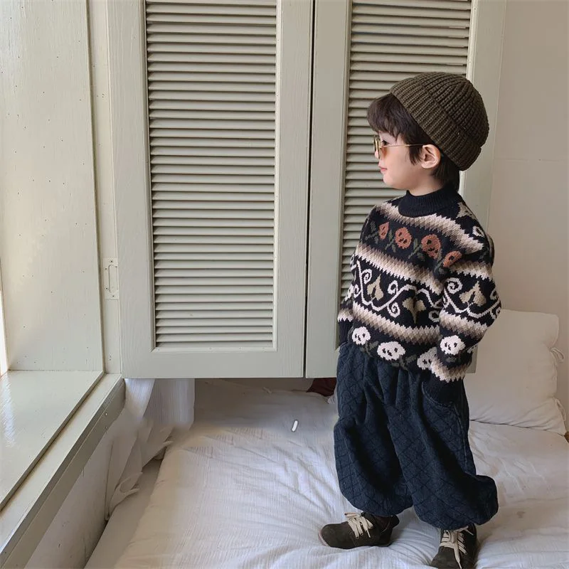 

Boys Woolen Sweater Crochet Cotton Windbreak 2024 Flowers Autumn Winter Thicken Christmas Gift School Warm Children's Clothing