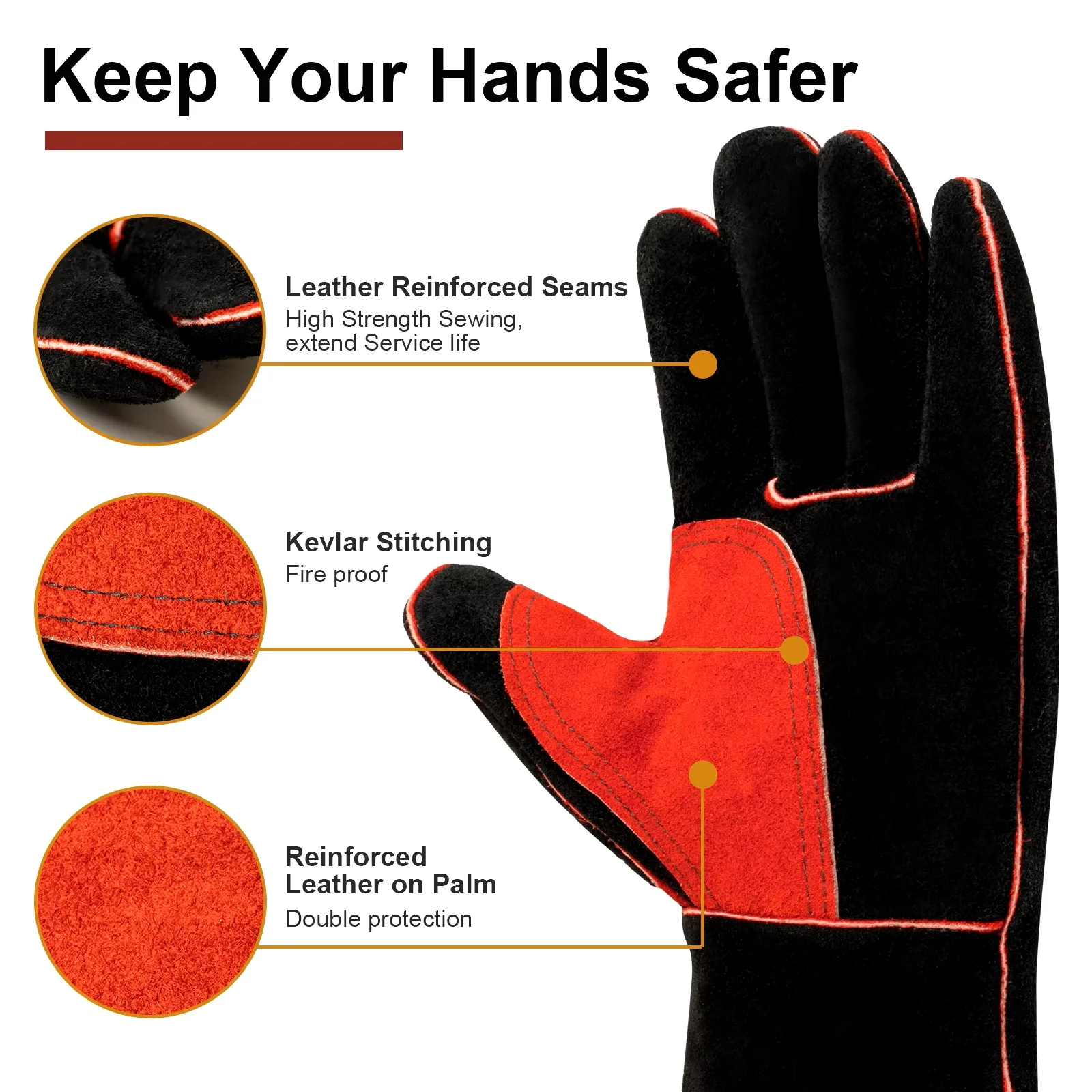 Welding Gloves For Welder Works with Black Palm Welders Thick Cow Split Leather Kitchen Stove Heat Puncture Resistant BBQ Glove