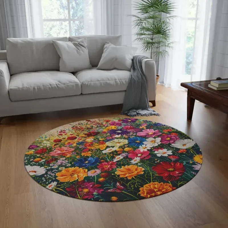 

Tropical Meadow Floral Round Rug – Art Deco-Inspired Circle Carpet for Living Room, Kitchen or Entryway, Perfect Welcome Mat