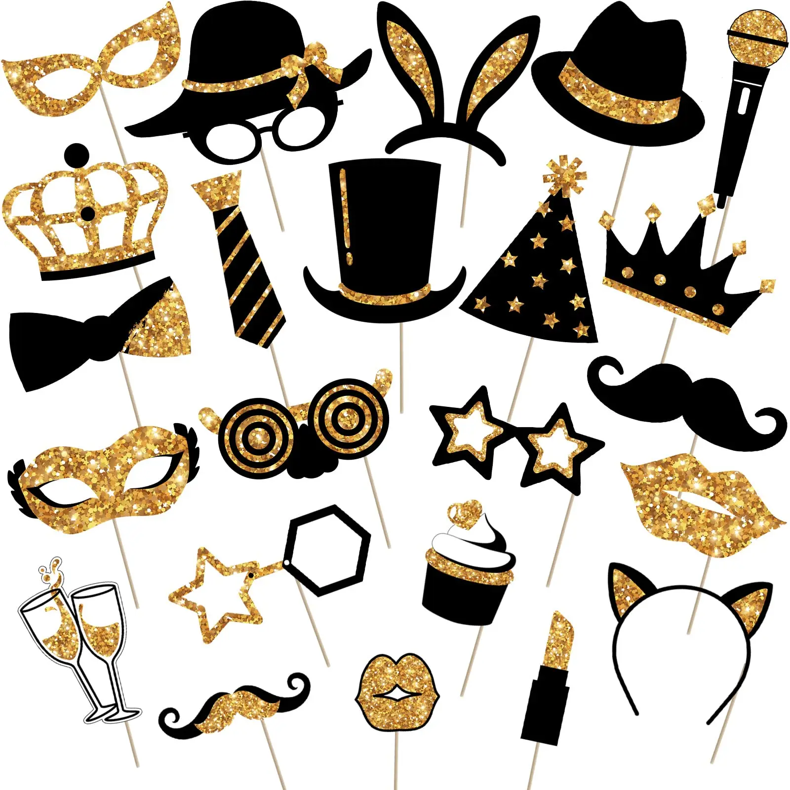 

24Pcs Glitter Photographing with Stick Photo Booth Props Kit Black and Gold Cute Designs for Girl Birthday Party Supplies