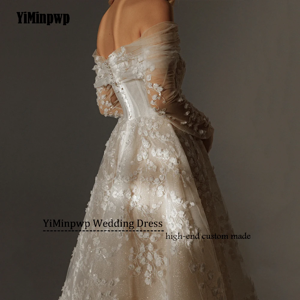 Блестящие свадебные платья трапециевидной формы с длинными рукавами и аппликацией, корсет, платья невесты для женщин, блестящий тюль, миди, платье de noiva по индивидуальному заказуБлестящие свадебные платья A-Line Пол