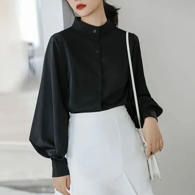 GIDYQ Vintage Chiffon Shirts Women Lantern Sleeve Black Blouses Korean Elegant Office Lady Solid Loose Casual Tops New