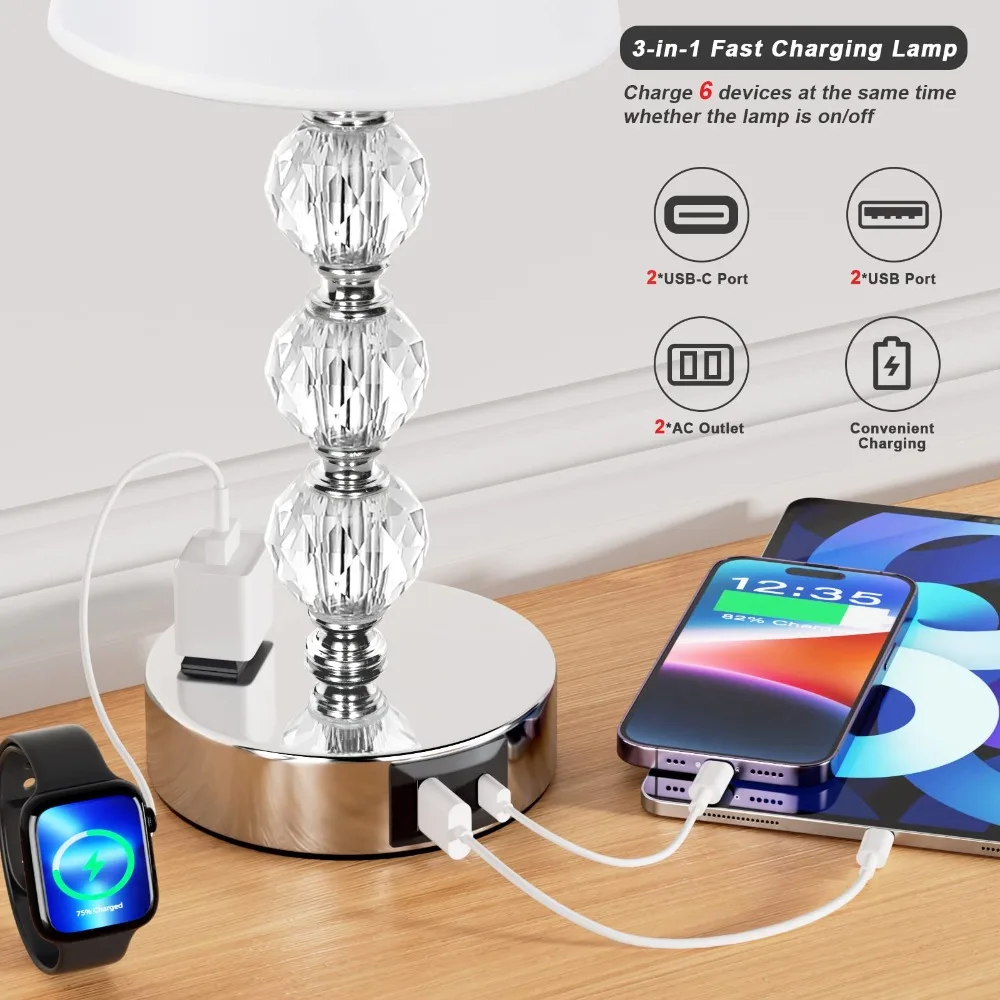 Bedside Lamps Set of 2, Crystal Nightstand Bedroom Lamp with Two USB Charging Port, 3 Way Dimmable Touch Bed Side Table Lamp