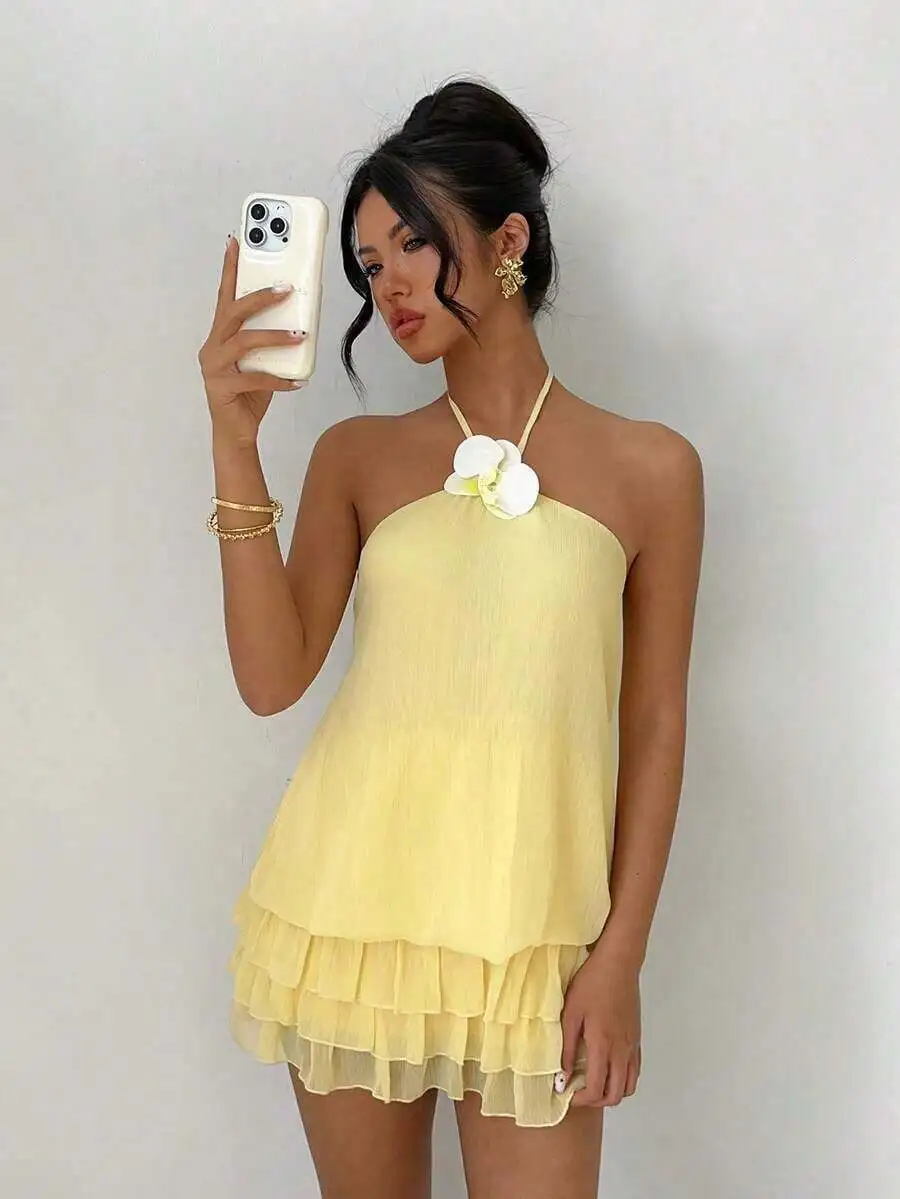 

Yellow Halter Neck Mini Dress With 3D Floral Detail And Ruffle Hem