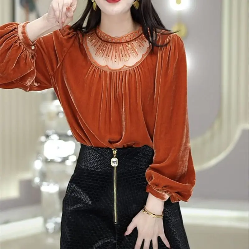 Autumn Winter New Half Height Collar Pleuche Bottoming Shirt Mesh Spliced Long Sleeve Keep Warm Elegant Women's Clothing B289