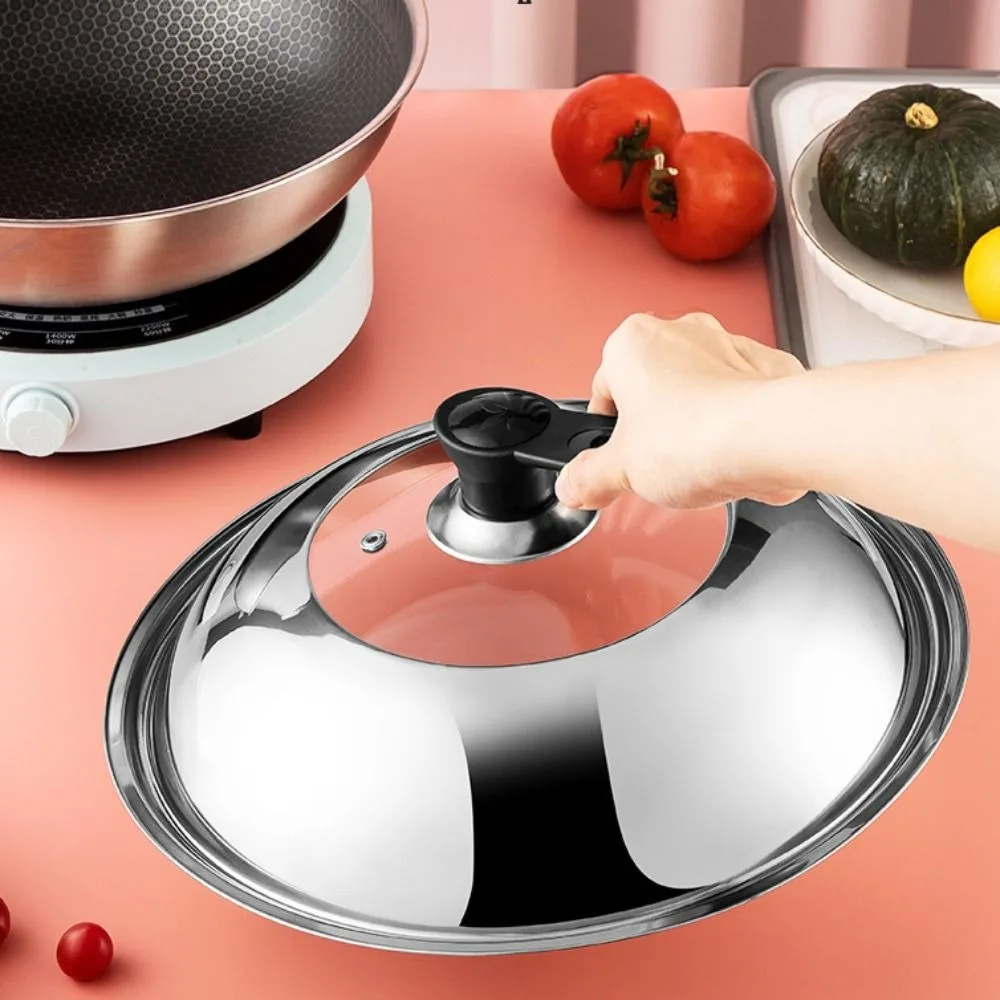 28/30/32/34/36/38 CM Stainless Steel Visible Pot Lid Black Plastic Knob Anti-scalding Wok Cover Universal Heat Resistant