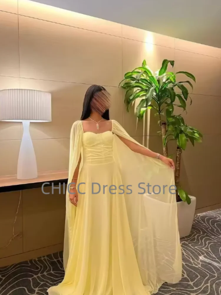 Vestidos de fiesta amarillos Manga larga flotante Cuello cuadrado Una línea Vestidos de noche de gasa Vestidos de fiesta para ocasiones especiales Personalizados