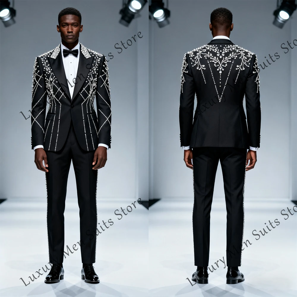 

Sparkling Crystal Men Suits 2 Pieces Glitter Tuxedos Wedding Party Outfits Customized Blazer Pants Male Prom roupas masculinas