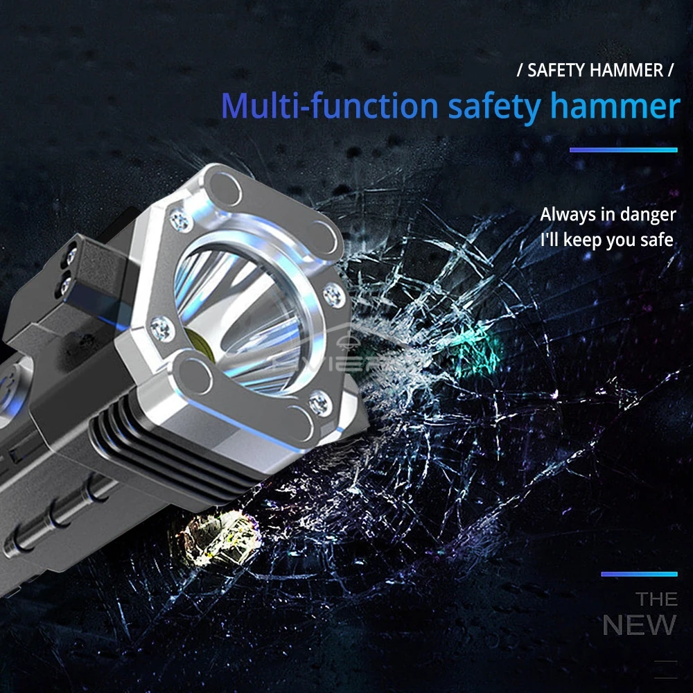 Strong Light Flashlight Multi Functional Outdoor Work Lamp COB USB Rechargeable Emergency Window Breaking Escape Safety Hammer