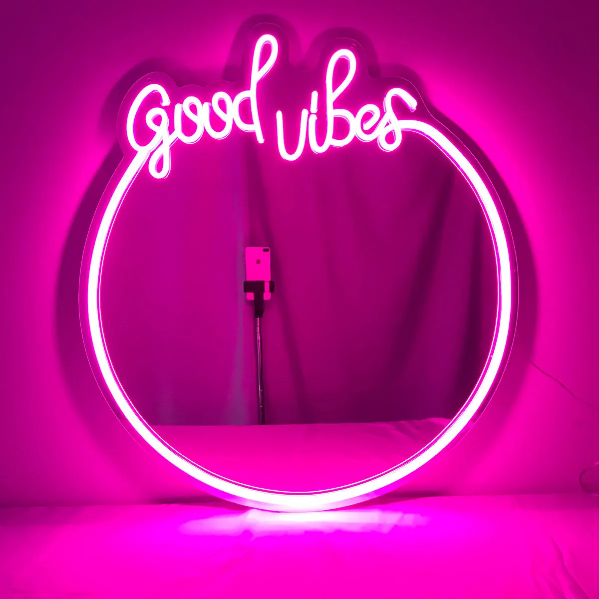 Imagem -04 - Espelho de Maquiagem Led Neon para Meninas Boas Vibrações Luz Rosa Decoração do Quarto Personalizado Lâmpada Atmosférica Noturna Espelho Cosmético Dropshipping