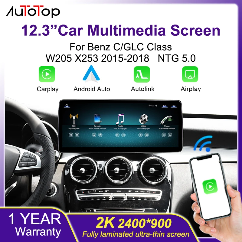 AUTOTOP, autoradio con schermo touchscreen da 12,3" e sistema operativo Linux, per Mercedes-Benz Classe C/GLC W205 X253, modelli 2015-2018, con sistema NTG 5.0, compatibile con Carplay wireless,