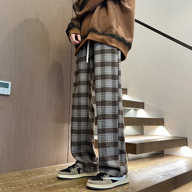 New Y2K Vintage Plaid Baggy Pants Men's High Street Woolen Straight-leg Trousers Autumn Korean Fashion Hip Hop pantalones hombre