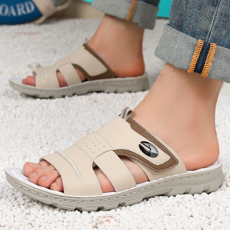 Men's Breathable Thick-Heeled Slip-On Sandals Color Block Anti-Slip Wear-Resistant Slippery Prevention Summer Slippers-8906