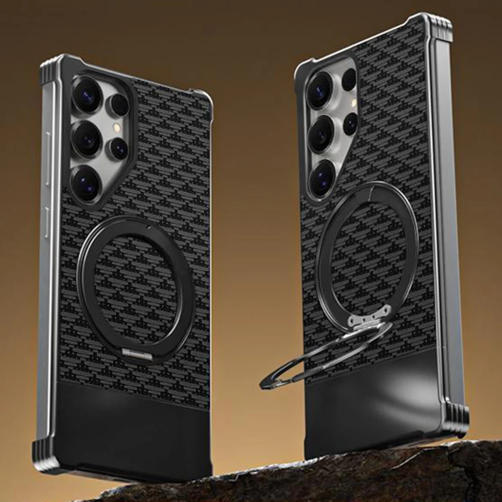 For Samsung Galaxy S25 Ultra Magnetic Case Borderless Textured PU + Metal Kickstand Phone Cover - Black