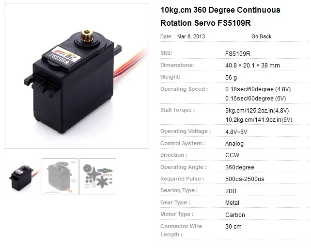 Servo analogico continuo da 10 kg FS5109R 60.6G Cuscinetti a sfere con ingranaggi in rame Pa + custodia in fibra di vetro Servomotore 360 per aereo Rc Edf