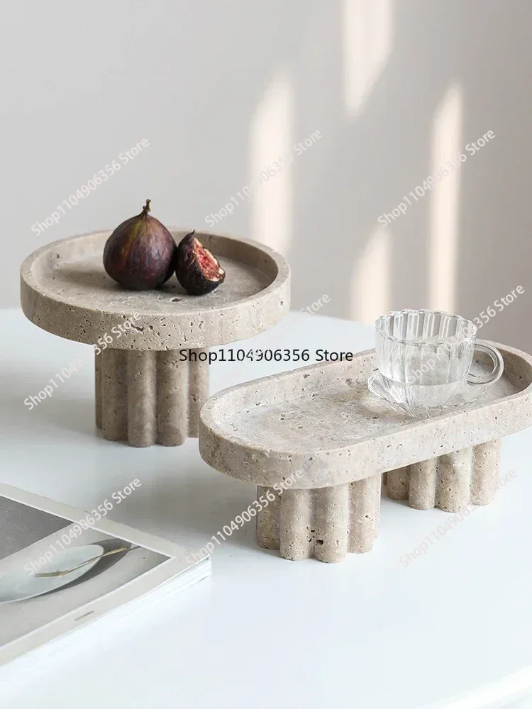 for Beige Vintage Travertine Marble Tray with Leg Vintage Natural Stone Jewelry Cosmetics Tray Serving Tray Cup Cake  for Home