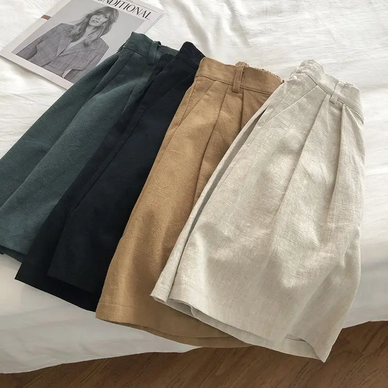Women's 2026 Spring Summer Cotton Linen Japanese Vintage High Waist Slimming Wide Leg Bermuda Shorts Casual Korean Chic Sweet