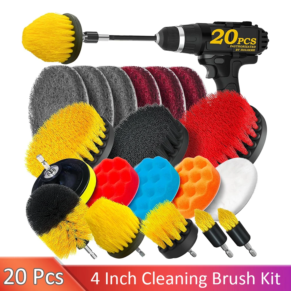 20 Pcs Drill Brush Attachments Set  Scrub Pads & Sponge Buffing Pads, Power Scrubber Brush with Extend Long Attachment