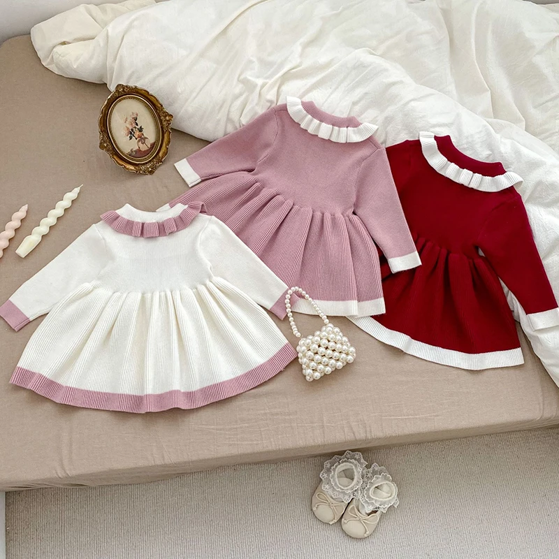 2024 New Autumn European American Style Baby Girl Party Dress Long Sleeved Knitted Kids Princess Dresses Children Knitting Dress