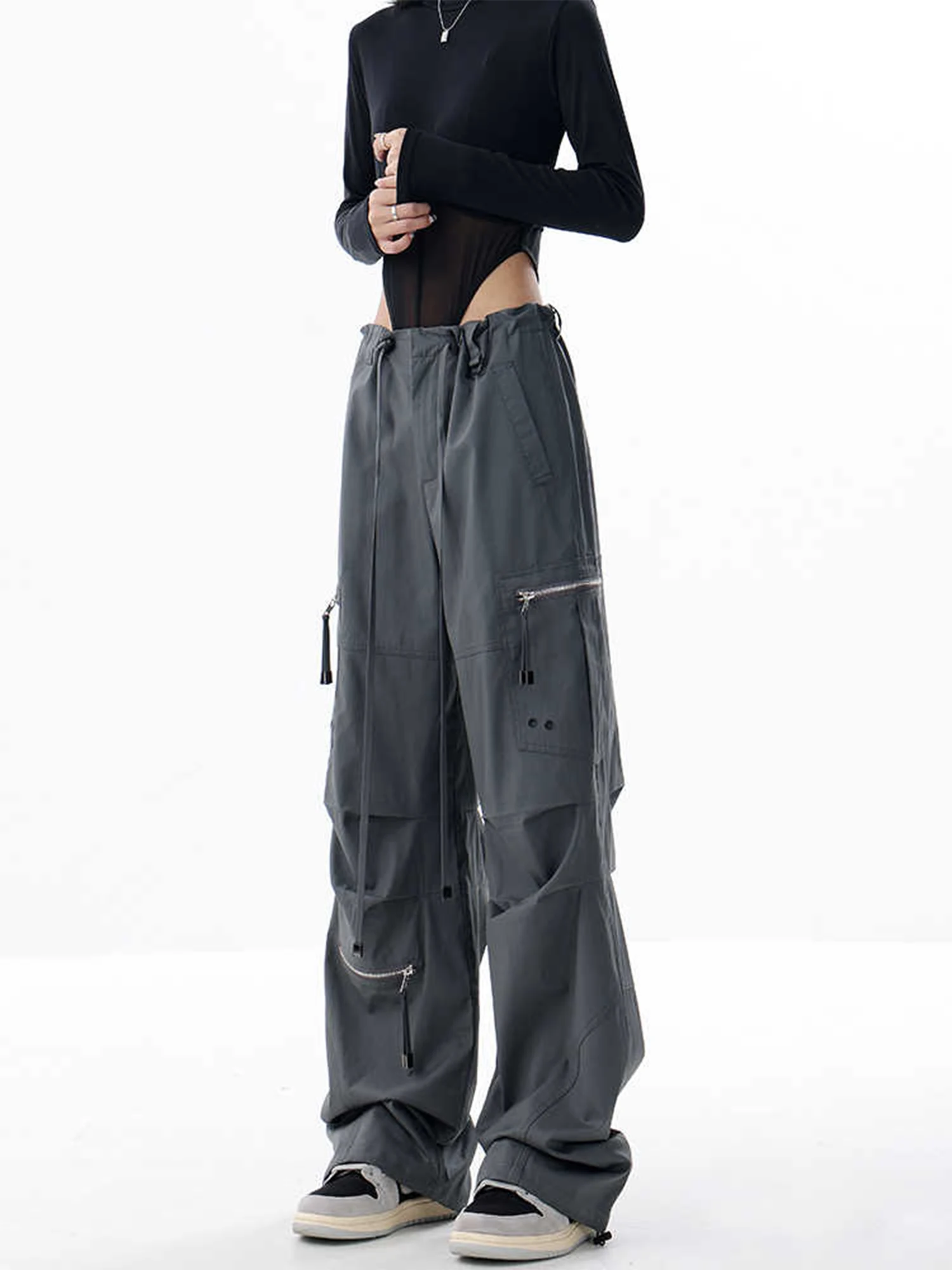 Pantalones Cargo holgados grises para mujer, pantalones de chándal Vintage Y2k, pantalones de paracaídas, pantalones Grunge estilo japonés de los años 2000, ropa de verano 2025