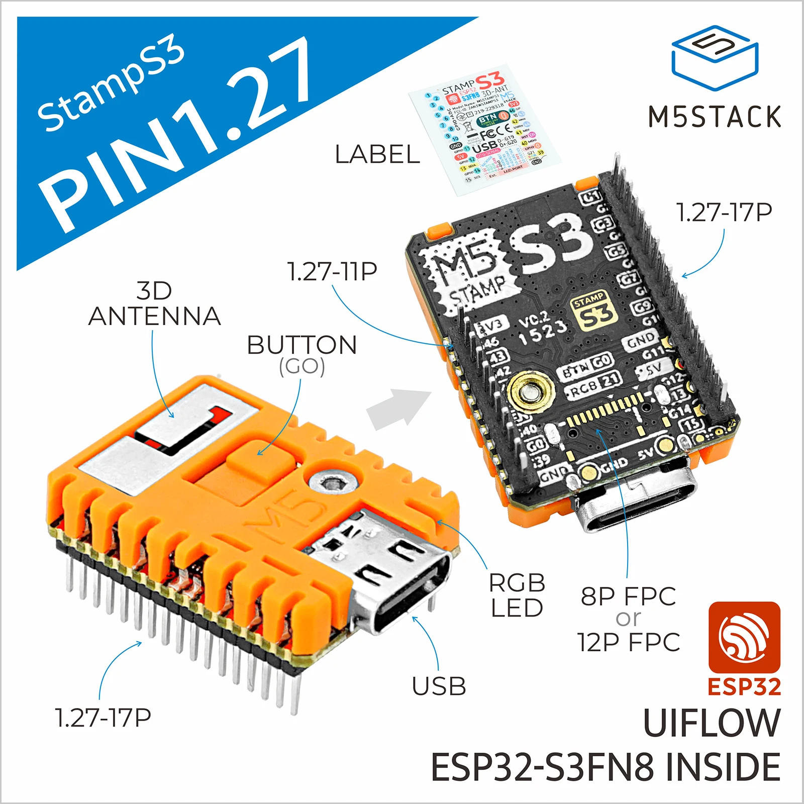

M5Stack Official M5StampS3 with 1.27 Header Pin ESP32-S3FN8