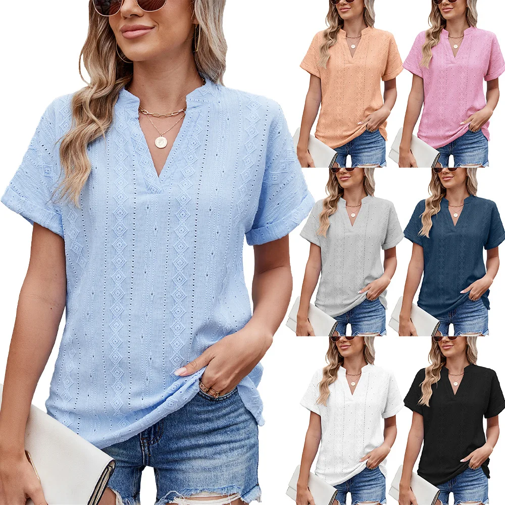 Casual Blouses For Women Fashion Embroidery Jacquard Short Sleeve V Neck Shirts Loose Summer Solid Colors Elegant Tops 2025 New