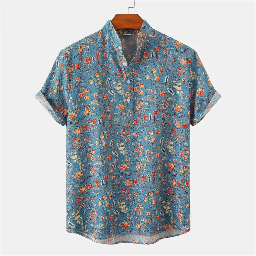 Camisas con estampado 3D para hombre, camisa de manga corta con cuello de pie, blusa informal de gran tamaño, estilo étnico