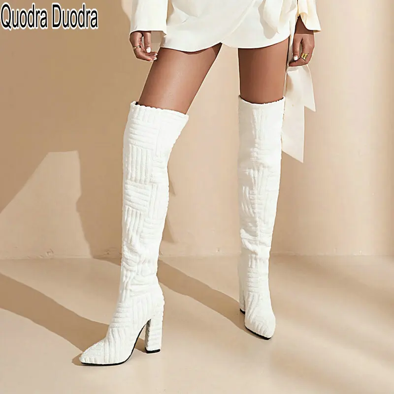 

Женские сапоги без застежки, зимние теплые плюшевые сапоги выше колена из флока, на толстом высоком каблуке, большие размеры 43