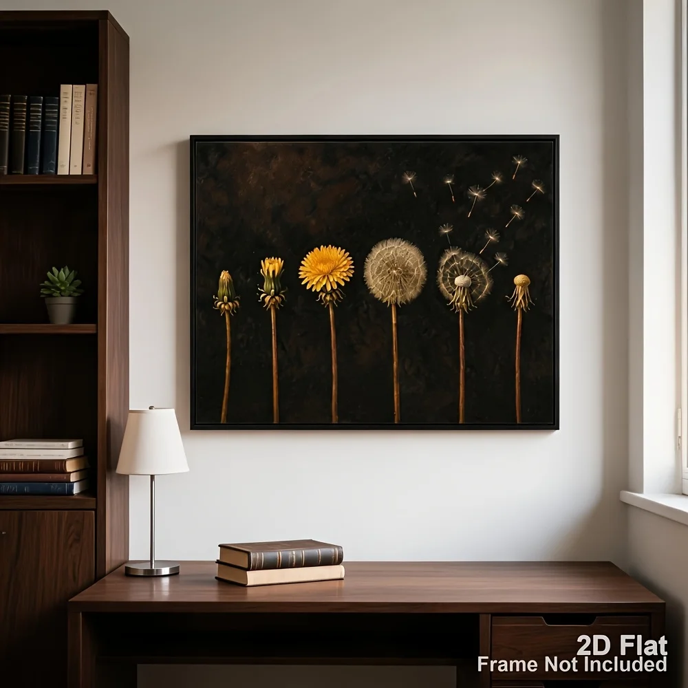 2D Flat, Posters And Prints Dark Moody Black Unframed Canvas Wall Art Vintage Oil Painting Six Growth Stage Dandelion Yellow
