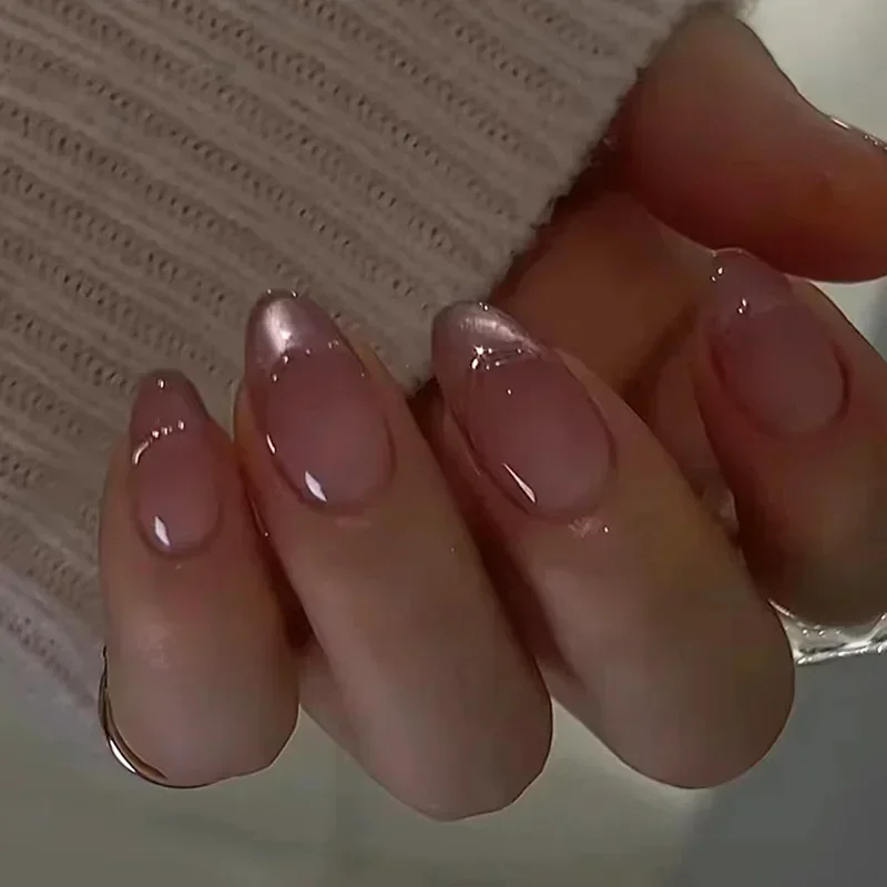 24Pcs Simple Orange French False Nails with Glue Small Short Petitle Ballet Fake Nails Fashion Wearable Almond  Press on Nails