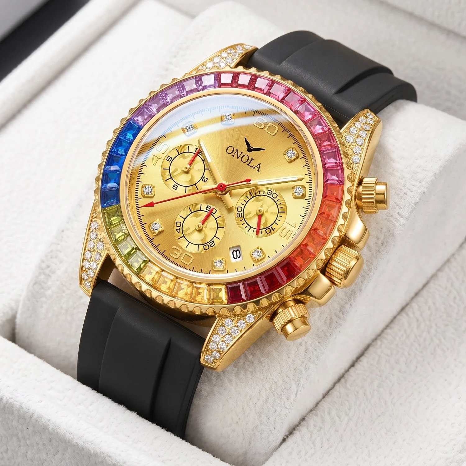 ONOLA Men's Quartz Watch, Multifunctional Dial, Colorful Square Rhinestone Bezel, Date Display, Ideal For Parties & Daily Outing