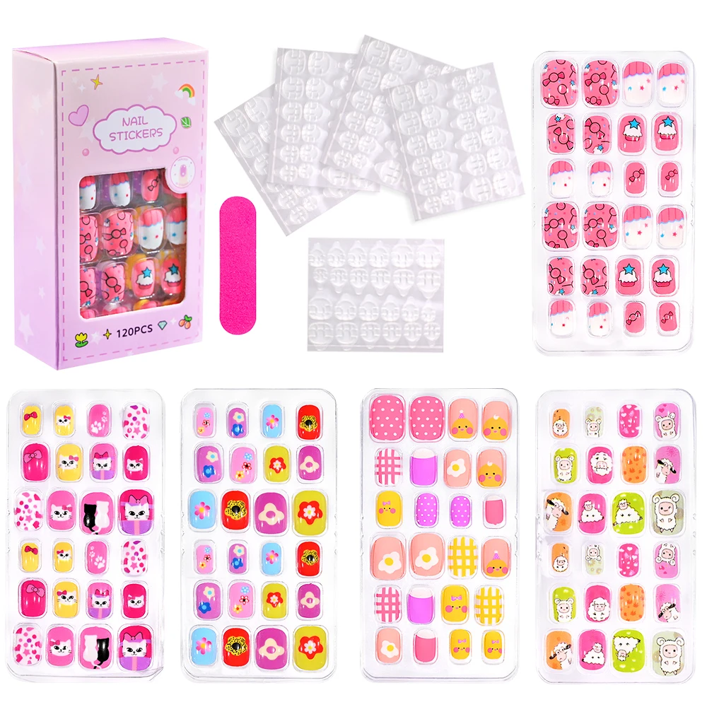 120/24pcs Cartoon Full Cover Kids Candy False Nail Tips Festival Child Cute Short Fingernail Press on Fake Nails for Little Girl