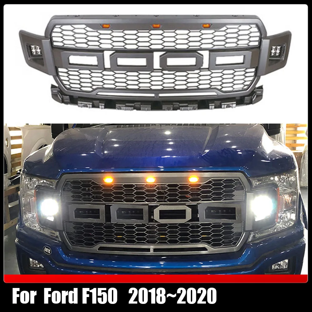 

Matte Black Or Grey Replacement Grille ABS Front Mesh Grill Fit Raptor Style Grills w/LED Light For Ford F150 2018~2020