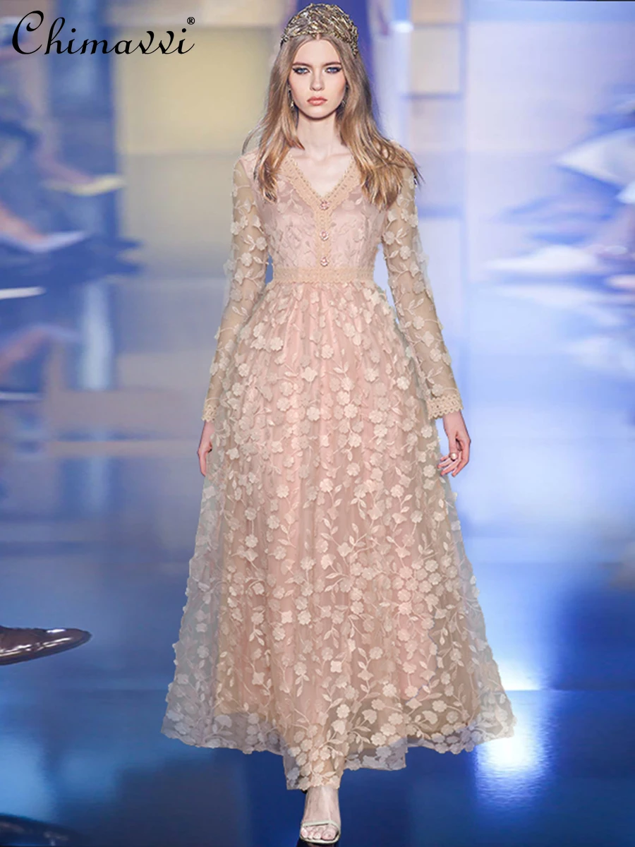

Elegant Temperament Heavy Industry Banquet Evening Dresses V-neck Long Sleeve High Waist Mesh Embroidered Petal Maxi Dress Women