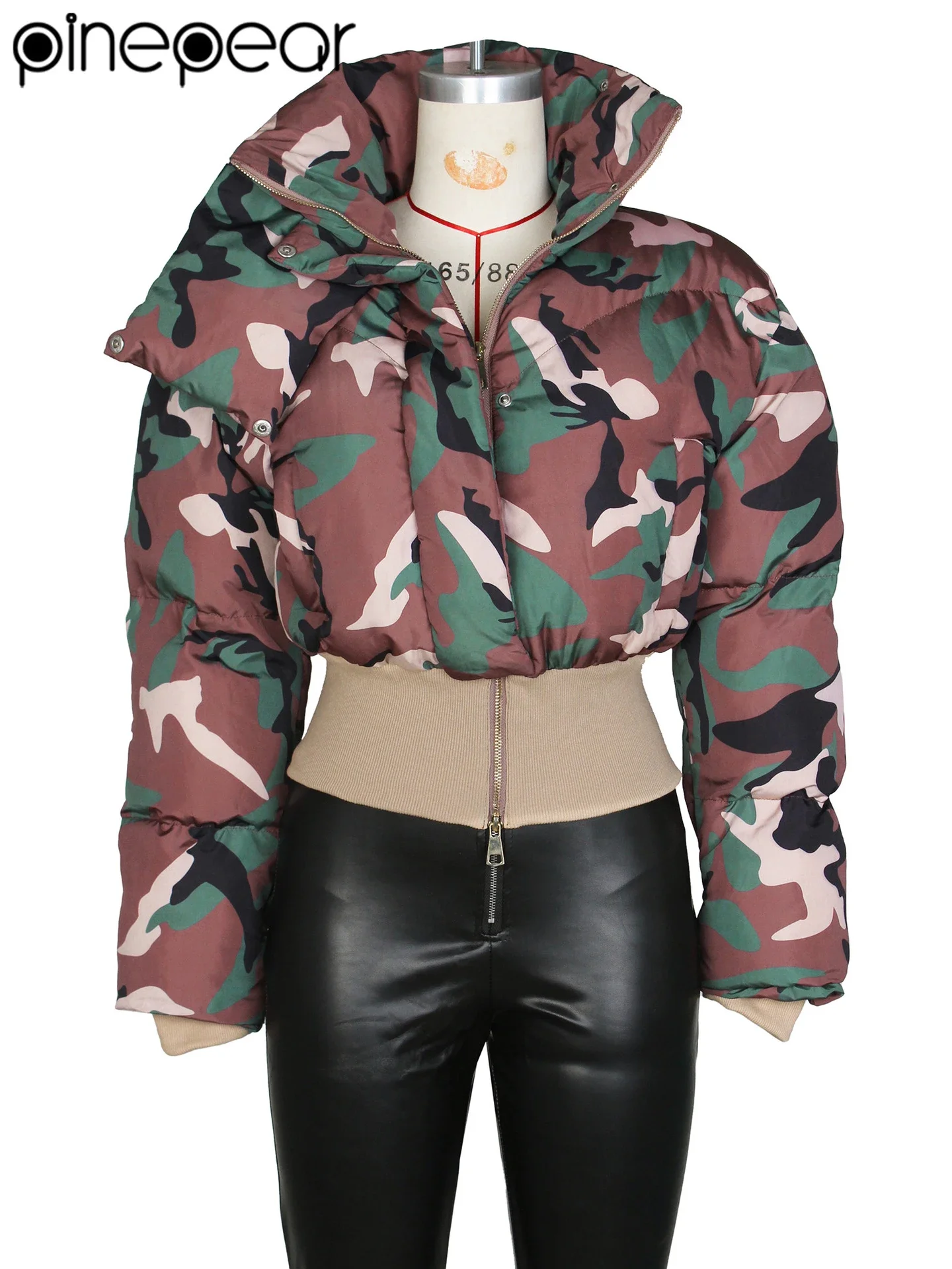 PinePear-Parkas gruesas y cálidas de camuflaje para mujer, chaquetas acolchadas ajustadas con cuello alto, prendas de vestir, abrigos de algodón, novedad de invierno de 2025