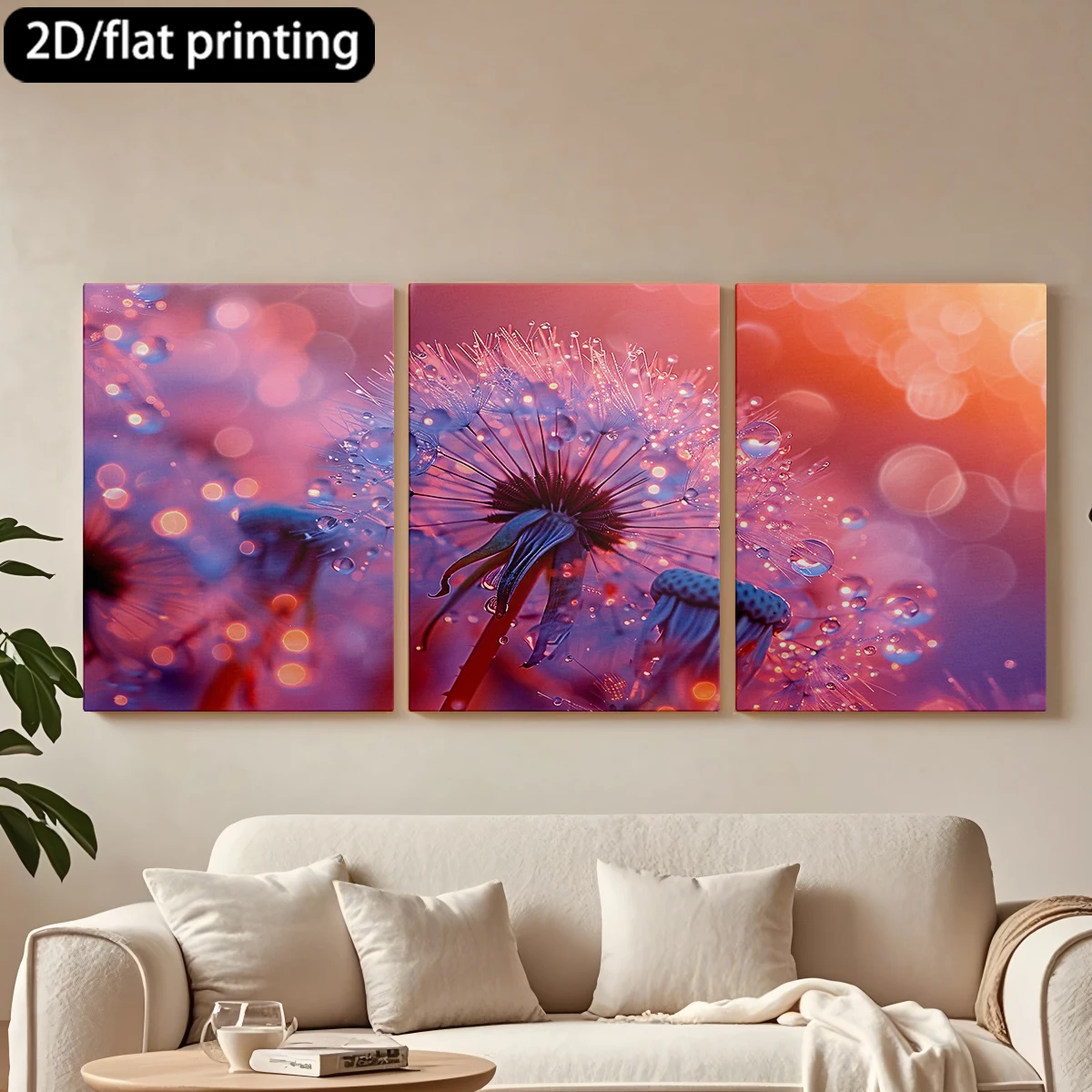 

Декоративная картина на холсте в деревянной раме, 3 шт., с изображением одуванчика с каплями росы, на фоне мягких оттенков. Декор для коридора и спальни.