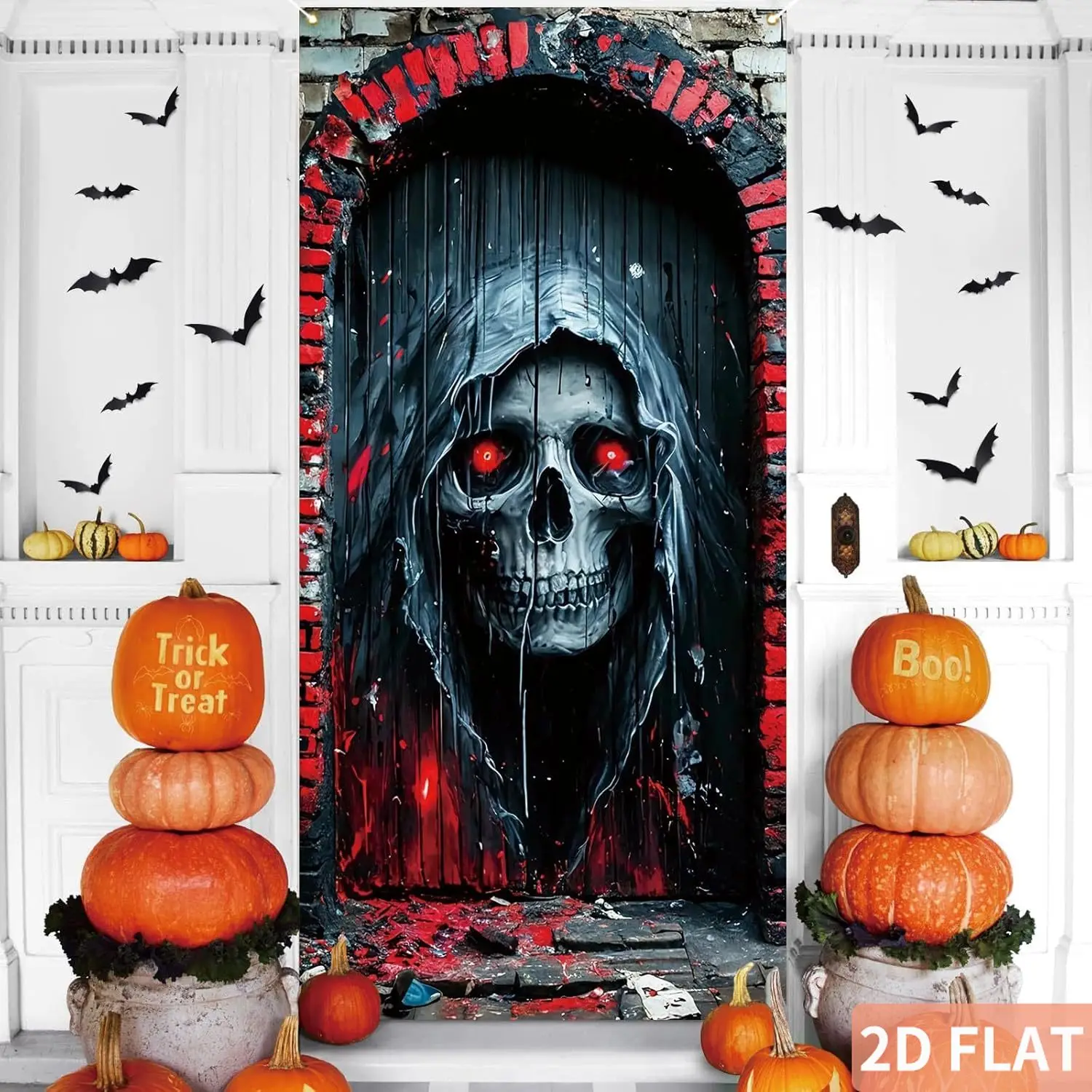 

2d flat skeleton skull Outdoor Flag, Halloween Door Cover, Scary Horror Party Horror Movie Skulls Front Porch Sign Banner
