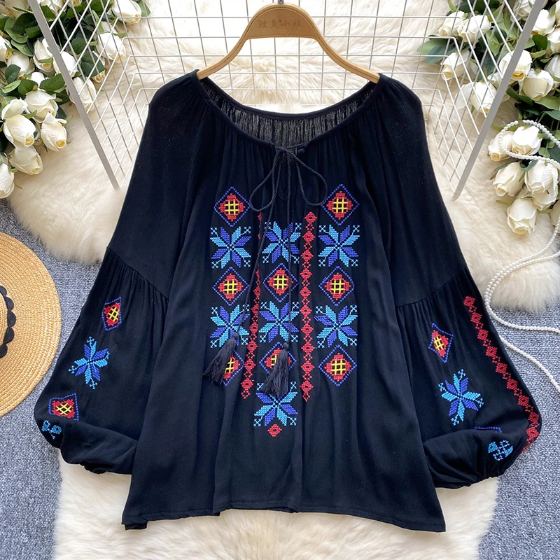 EWQ Fashion Embroidery Lace-up Women\'s Blouse Versatile Contrast Color Round Collar Long Sleeve Casual Clothing 2024 New 27X1124