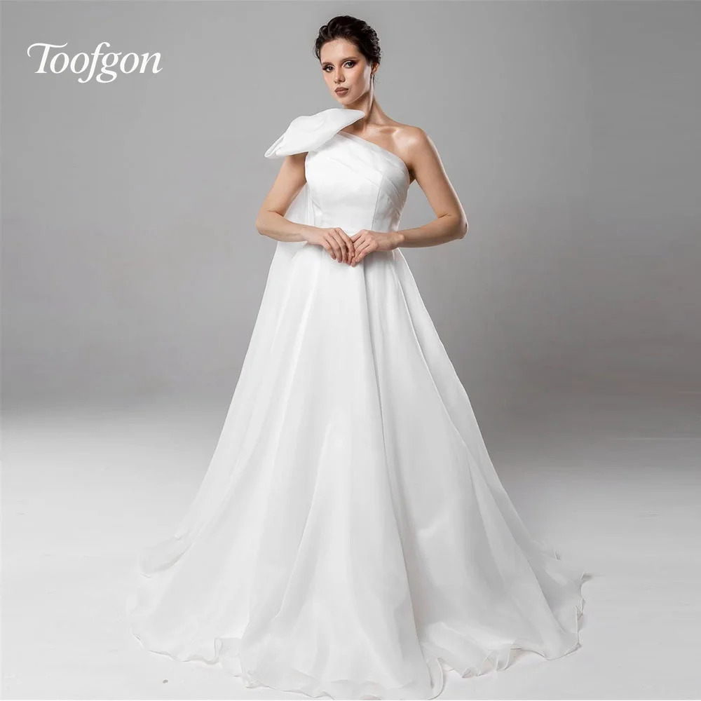 

Toofgon Beach Organza One Shoulder Bride Wedding Dresses Pleated Bow Court Train Formal Wedding Party Bridal Gowns