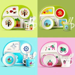 Children's Dish With Partitions Bamboo Fiber Food Plates For Baby Fall-proof Baby Feeding Bowl Cartoon Kids Tableware