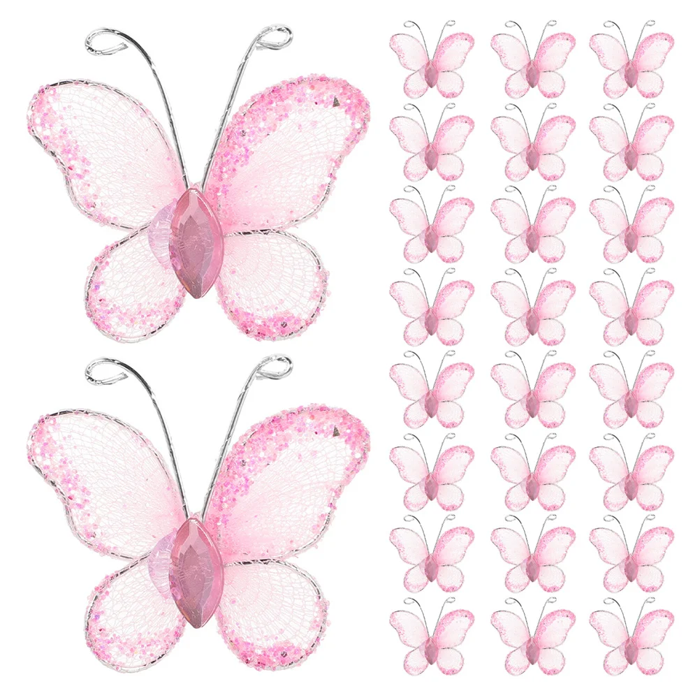 

70Pcs Mesh Wire Glitter Butterfly Decorations Sheer Pink Rhinestone for Wedding Party Home Scrapbooking Craft Butterfly Decor