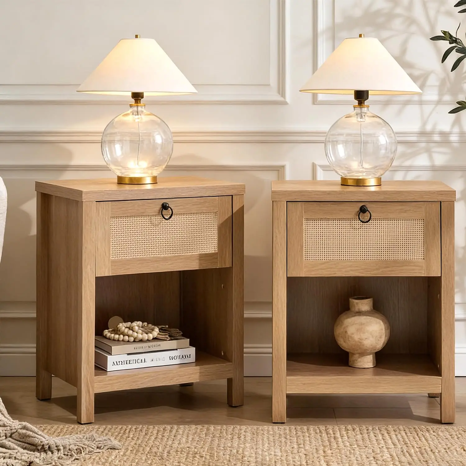 Rattan Nightstand Set of 2, Farmhouse Bedside Table with Drawer & Shelf, Boho Side Table for Bedroom Living Room, Customized