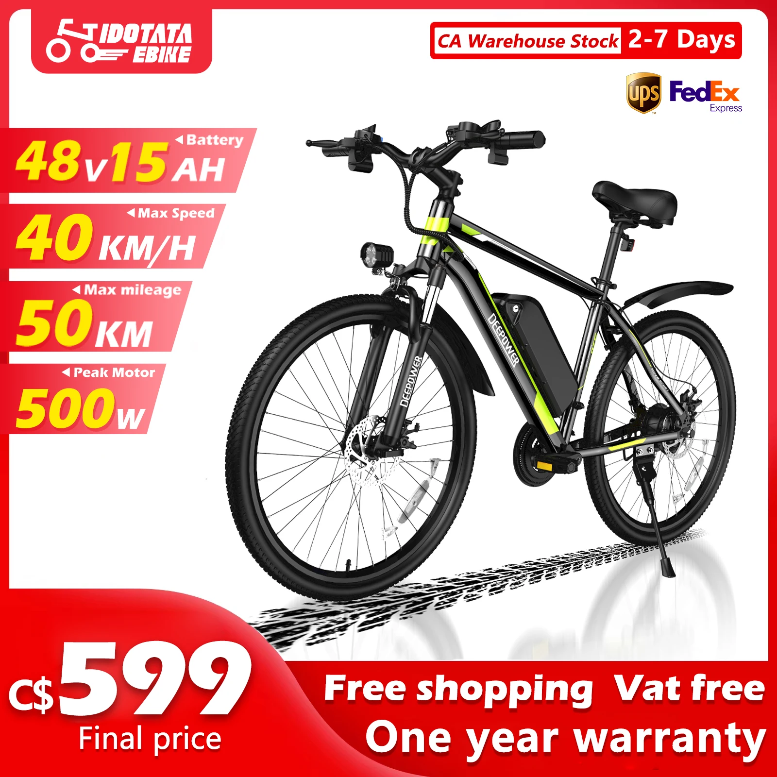 IDOTATA S26 Electric Bicycle 500W Motor 48V 12.8AH Removable Lithium Battery 26Inch Mountain Electric Bike 21Speed Cycling Ebike