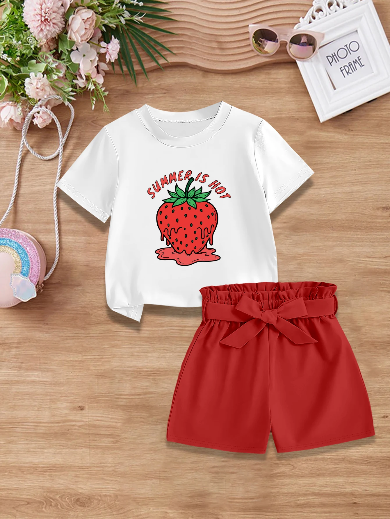 2-teiliges Set: Süßes Sommer-Outfit für Mädchen, T-Shirt mit Cartoon-Erdbeer-Print + gewebte Shorts mit Schleife